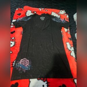 Sinful Black V-Neck Tee with Pink Rose Detailsize M used Once Time Like New